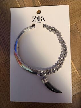 ZARA Silver-Tone Choker with Black Horn Pendant